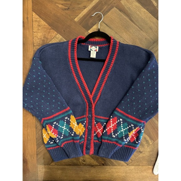 Sweaters - Vintage‎ 62 East Women Cardigan Sweater Size L Blue Preppy Red Accent